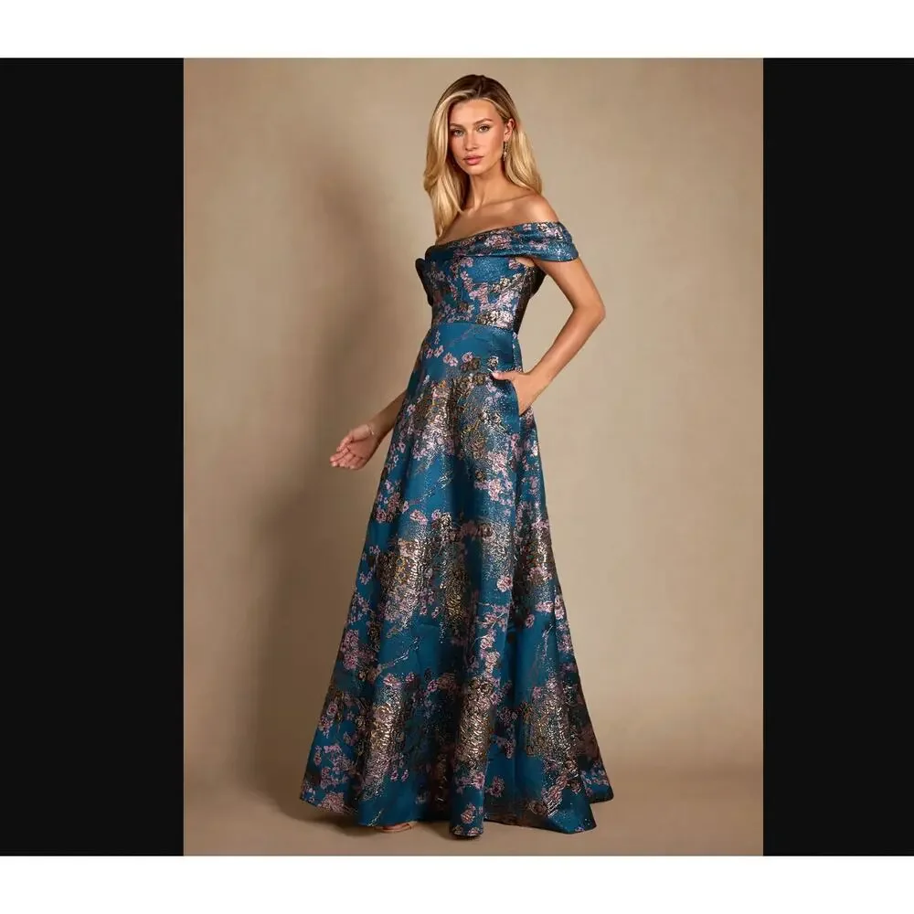 NWT Azazie Marceline Teal Floral A-Line Dress Formal Bridesmaid Black Tie Gown - Picture 5 of 8